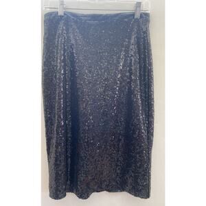 Downeast Black Sequin Pencil Skirt sz S Faux Leather Trim Retro Disco Party